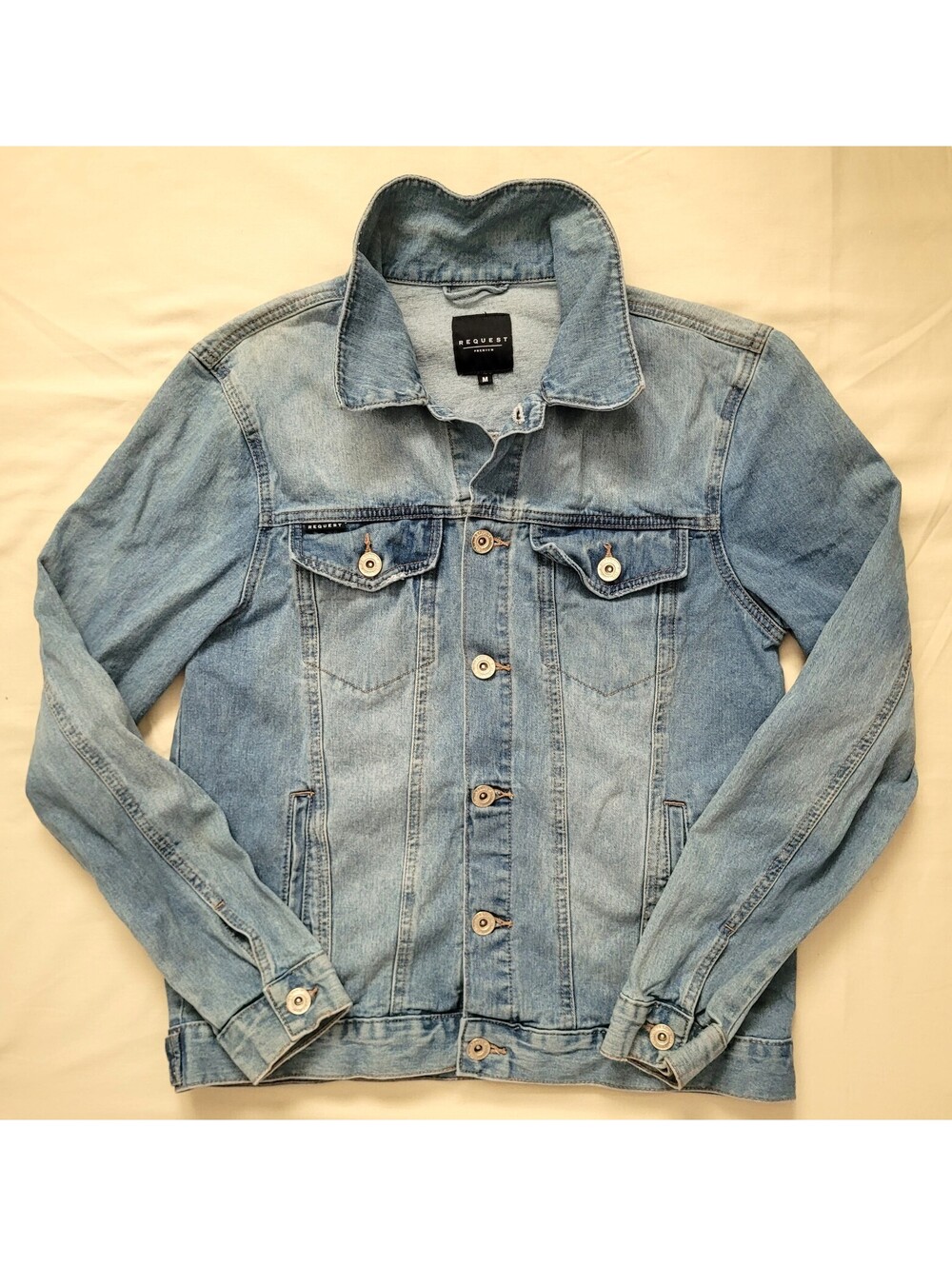 Request Premium Women's Medium Light Wash Denim Jean Trucker Jacket 100% Cotton